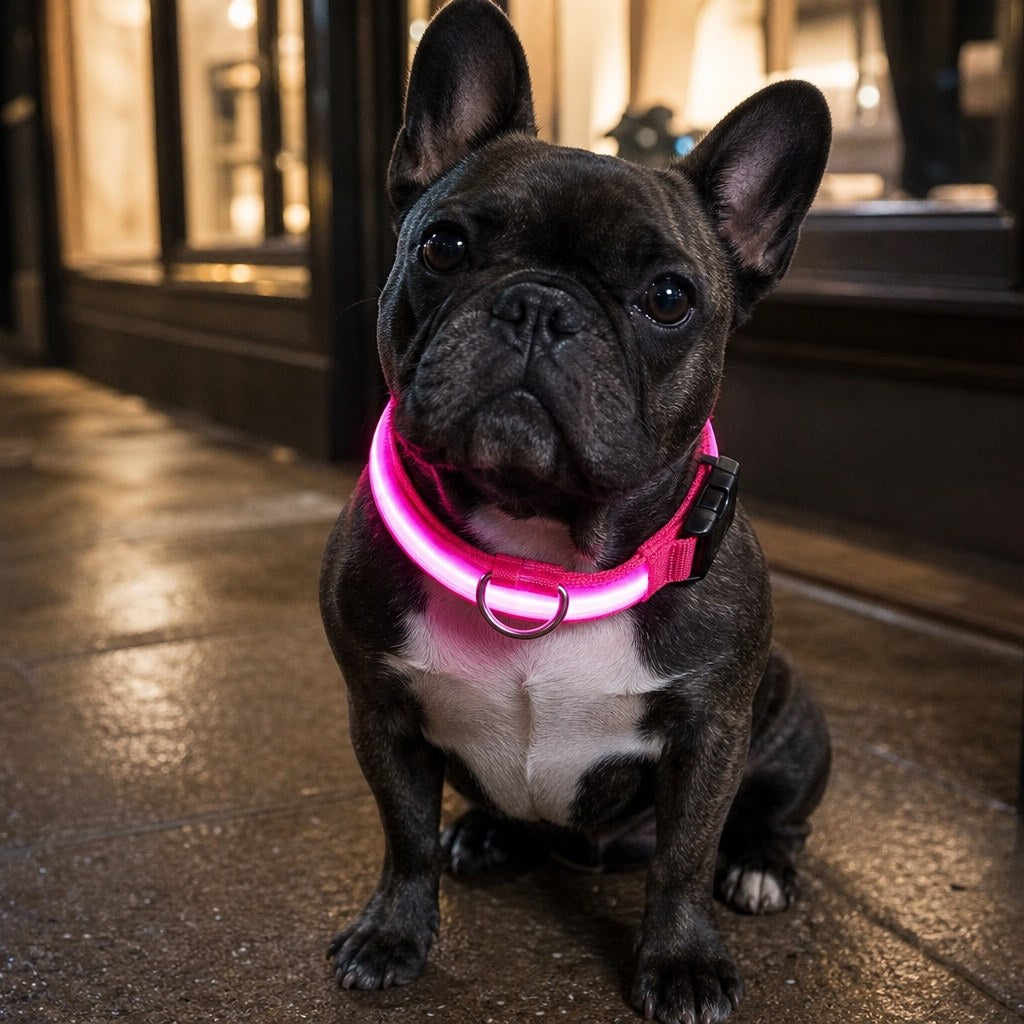 A French bulldog on a city sidewalk at night in the pink collar