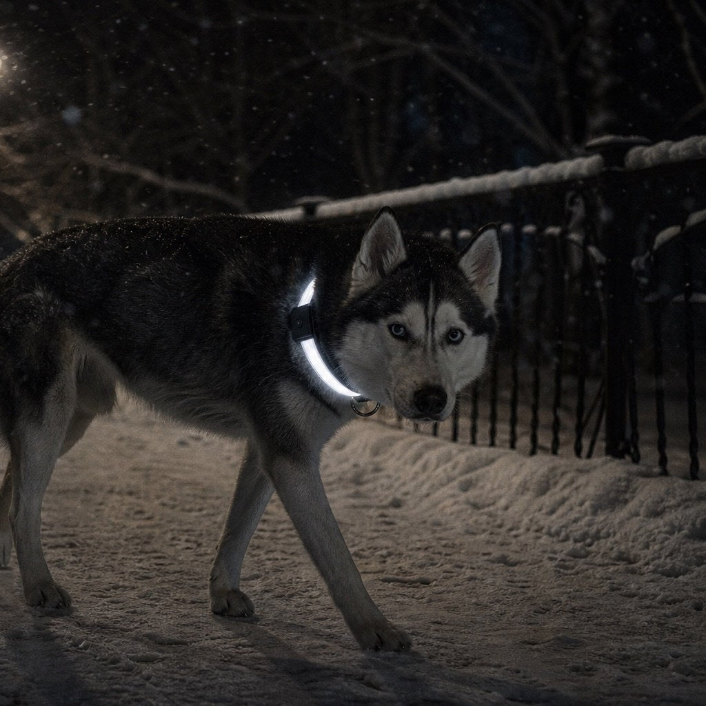 A husky on a snowy path at night in the white-glowing collar