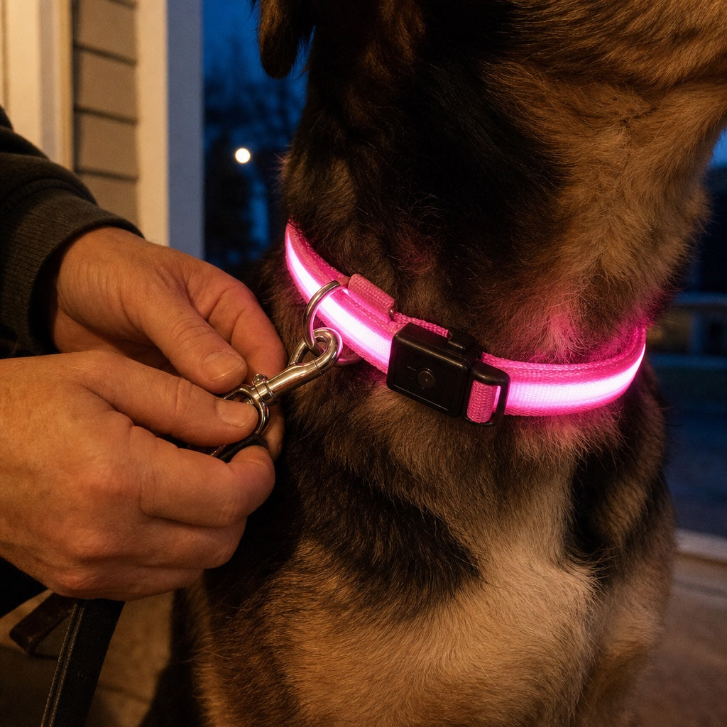 Clipping a leash onto the collar's chrome D-ring