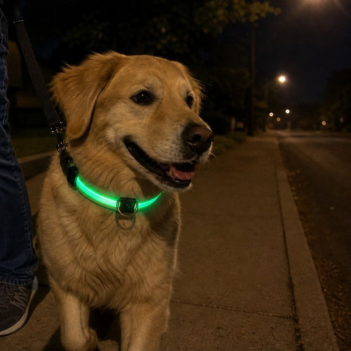 Golden retriever wearing the green Glow Pup collar on a night walk
