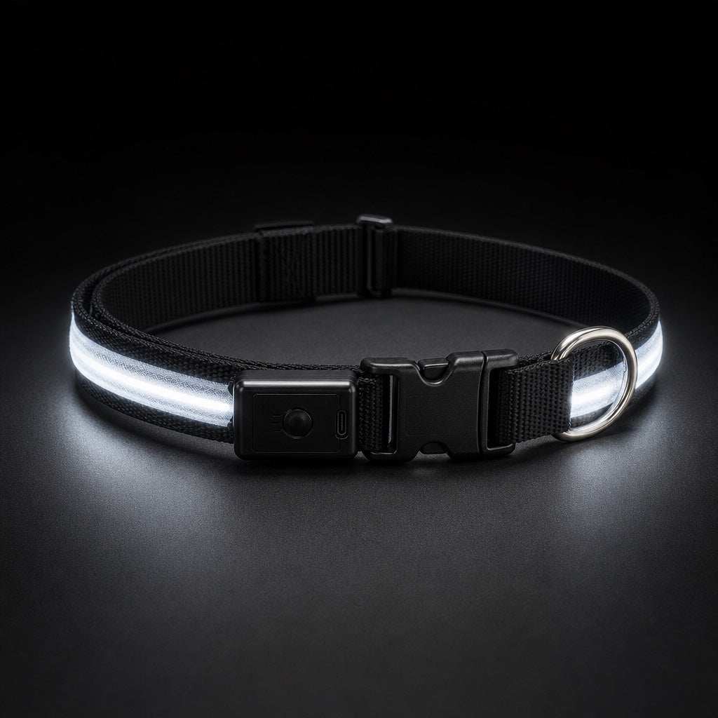Black Glow Pup LED collar glowing white
