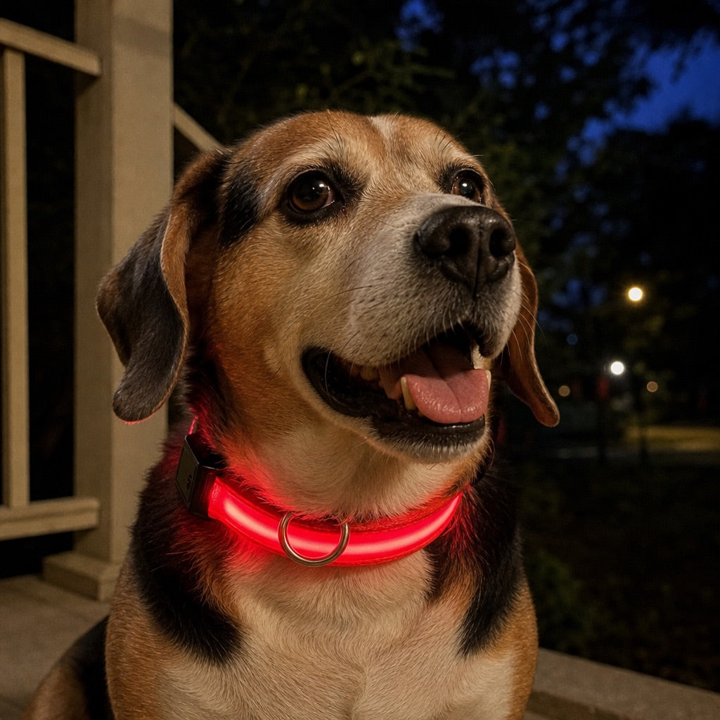 Beagle on a porch at dusk wearing the red collar