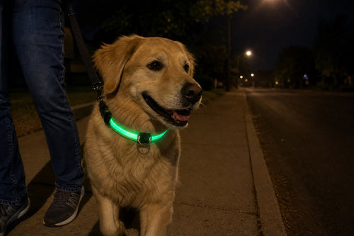 Golden retriever on a night walk wearing the green Glow Pup collar