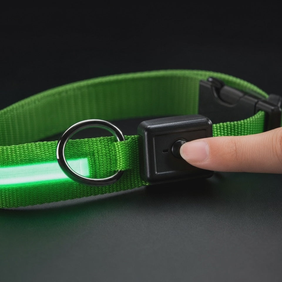 Pressing the button to switch the collar between flash, slow flash and steady