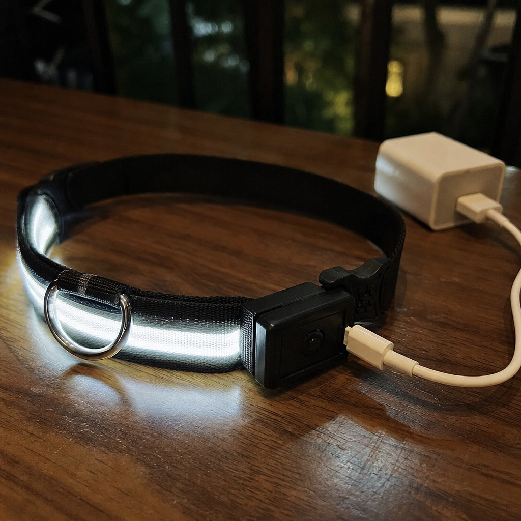 The collar charging from a USB cable, glowing white